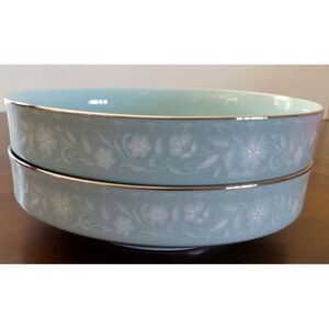 NORITAKE LOVE SONG 7" Soup Bowls Pale Blue Platinum Rim 8002 W81 Set of 2‎ Japan